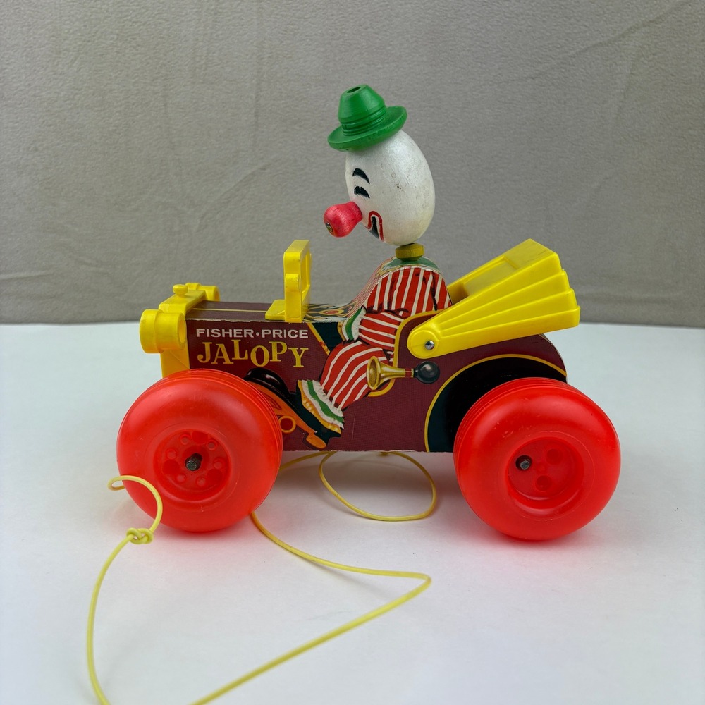 Vintage Fisher Price Jalopy Wooden Pull Toy #724 Noisemaker Clown‎ Car 1960s